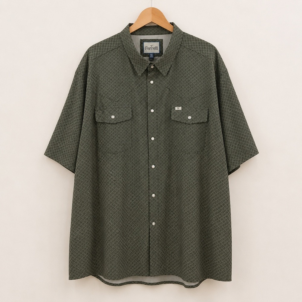 Ferrell Performance Shirt Mens 3XL Green Geometric Short Sleeve Western Snap